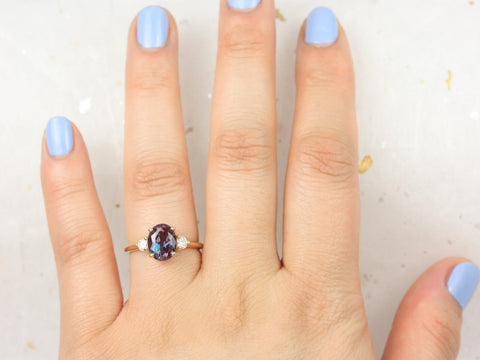 Gloria 8x6mm 14kt Gold Alexandrite Diamonds Dainty Minimalist 3 Stone Oval Ring,June Birthstone,Three Stone Ring,Anniversary Gift