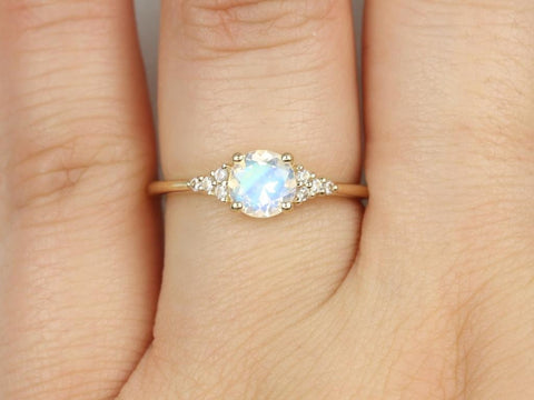 Malia 6mm 14kt Gold Rainbow Moonstone Sapphire Art Deco Cluster Ring - Rosados Box