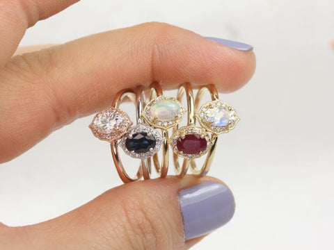 Mini Mae 6x4mm 14kt Gold Ruby Diamond Oval Halo WITH Milgrain Ring - Rosados Box