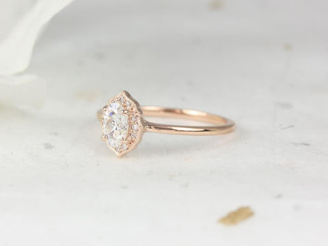 0.50cts Mini Mae 6x4mm 14kt Gold WITH Milgrain Moissanite Diamond Oval Halo Ring - Rosados Box