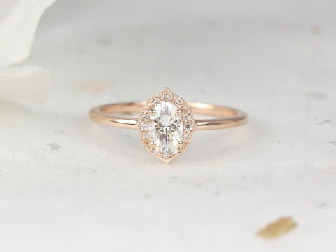 0.50cts Mini Mae 6x4mm 14kt Gold WITH Milgrain Moissanite Diamond Oval Halo Ring - Rosados Box