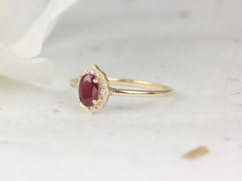 Mini Mae 6x4mm 14kt Gold Ruby Diamond Oval Halo WITH Milgrain Ring - Rosados Box