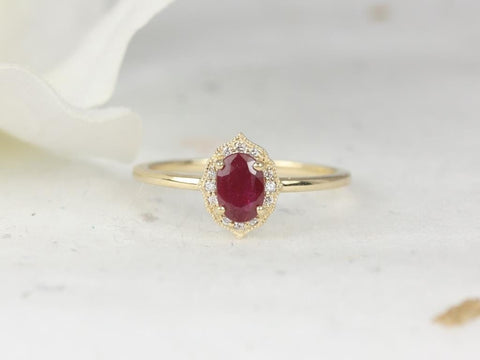 Mini Mae 6x4mm 14kt Gold Ruby Diamond Oval Halo WITH Milgrain Ring - Rosados Box