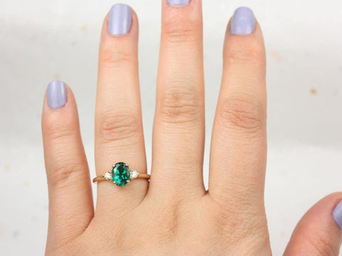 Gloria 8x6mm 14kt Gold Green Emerald Diamond 3 Stone Oval Engagement Ring - Rosados Box