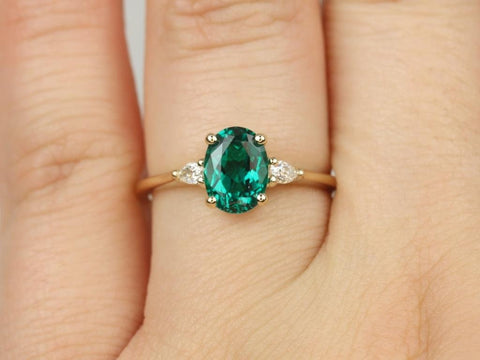 Petite Emery 8x6mm 14kt Gold Green Emerald Diamond Three Stone Oval Ring - Rosados Box