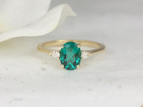 Petite Emery 8x6mm 14kt Gold Green Emerald Diamond Three Stone Oval Ring - Rosados Box