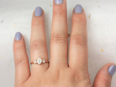 0.75ct Petite Greta 7x5mm 14kt Rose Gold Forever One Moissanite Pear Round 3 Stone Minimalist Engagement Ring,Anniversary Gift