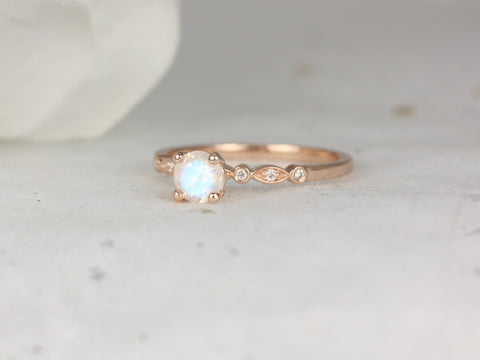 Gale 5mm 14kt Gold Rainbow Moonstone Diamonds WITHOUT Milgrain Art Deco Round Solitaire Ring - Rosados Box