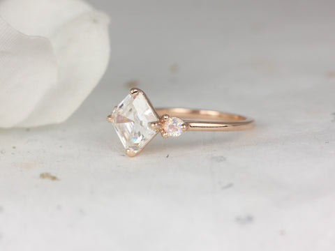 2.20cts Maxine 8mm 14kt Gold Moissanite Moonstone Three Stone Asscher Cut Ring - Rosados Box