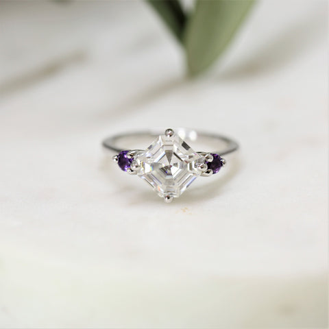 2.20cts Maxine 8mm 14kt White Gold Moissanite Amethyst Art Deco Three Stone Asscher Ring - Rosados Box