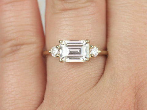 Ready to Ship 1.75cts Saint 8x6mm 14kt WHITE Gold Forever One Moissanite East West Horizontal 3 Stone Minimalist Emerald Engagement Ring - Rosados Box