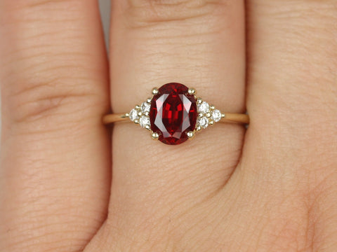 Juniper 8x6mm 14kt Gold Ruby Diamonds Dainty Oval Cluster 3 Stone Engagement Ring