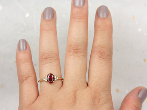 Juniper 8x6mm 14kt Gold Ruby Diamonds Dainty Oval Cluster 3 Stone Engagement Ring
