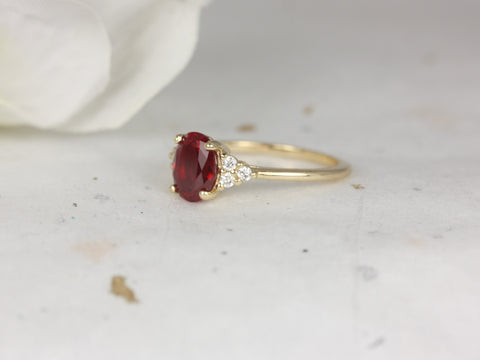 Juniper 8x6mm 14kt Gold Ruby Diamonds Dainty Oval Cluster 3 Stone Engagement Ring