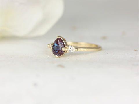 Petite Evette 7x5mm 14kt Gold Alexandrite Diamond Pear Three Stone Ring - Rosados Box