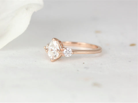 0.75ct Petite Greta 7x5mm 14kt Rose Gold Forever One Moissanite Pear Round 3 Stone Minimalist Engagement Ring,Anniversary Gift