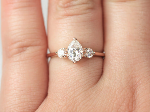0.75ct Petite Greta 7x5mm 14kt Rose Gold Forever One Moissanite Pear Round 3 Stone Minimalist Engagement Ring,Anniversary Gift