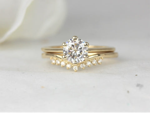 1ct Skinny Webster & Lonnie 14kt Solid Gold Round Moissanite Diamond Dainty 6 Prong Solitaire Bridal Set