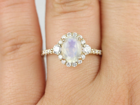 Ready to Ship Bridgette 8x6mm 14kt Gold Rainbow Moonstone Diamond Unique Oval Halo Ring,Oval Engagement Ring,Moonstone Ring,Gift For Her