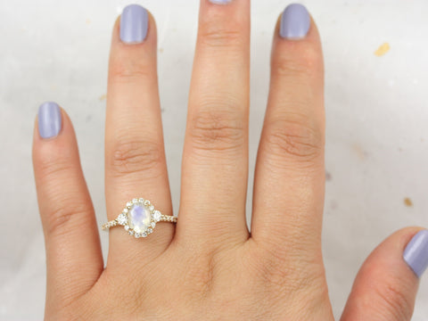 Ready to Ship Bridgette 8x6mm 14kt Gold Rainbow Moonstone Diamond Unique Oval Halo Ring,Oval Engagement Ring,Moonstone Ring,Gift For Her