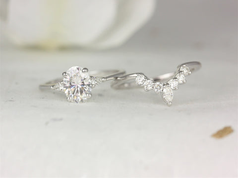 1.50ct Petite Emery 8x6mm & Marjorie 14kt Gold Moissanite Diamond Three Stone Bridal Set - Rosados Box