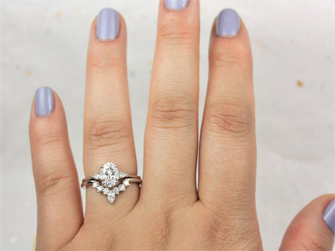 1.50ct Petite Emery 8x6mm & Marjorie 14kt Gold Moissanite Diamond Three Stone Bridal Set - Rosados Box