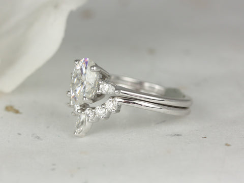 1.50ct Petite Emery 8x6mm & Marjorie 14kt Gold Moissanite Diamond Three Stone Bridal Set - Rosados Box