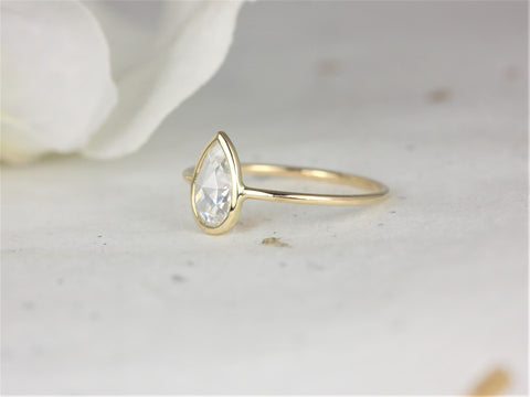 Ready to Ship Pandora 8x5mm 14kt Yellow Gold Forever One Rose Cut Moissanite Bezel Pear Solitaire Ring - Rosados Box