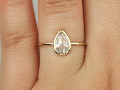 Ready to Ship Pandora 8x5mm 14kt Yellow Gold Forever One Rose Cut Moissanite Bezel Pear Solitaire Ring - Rosados Box