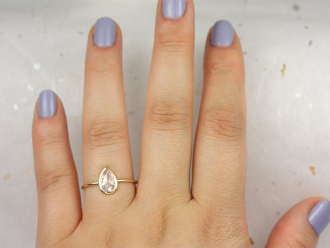 Ready to Ship Pandora 8x5mm 14kt Yellow Gold Forever One Rose Cut Moissanite Bezel Pear Solitaire Ring - Rosados Box