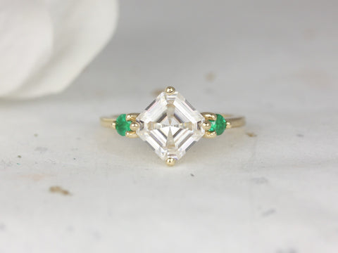 2.20cts Maxine 8mm 14kt Gold Moissanite Green Emerald Three Stone Asscher Cut Ring - Rosados Box