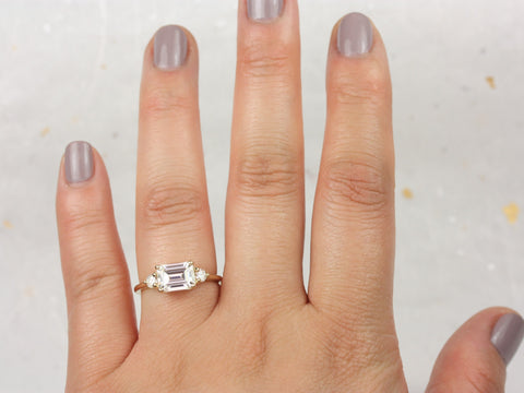 Ready to Ship 1.75cts Saint 8x6mm 14kt WHITE Gold Forever One Moissanite East West Horizontal 3 Stone Minimalist Emerald Engagement Ring - Rosados Box