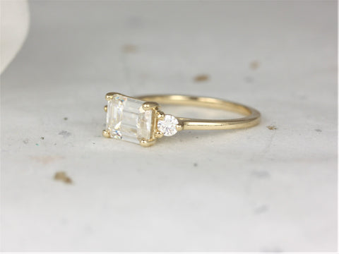 Ready to Ship 1.75cts Saint 8x6mm 14kt WHITE Gold Forever One Moissanite East West Horizontal 3 Stone Minimalist Emerald Engagement Ring - Rosados Box