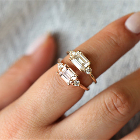 1.75cts Saint 8x6mm 14kt Gold Moissanite East West Horizontal 3 Stone Emerald Engagement Ring - Rosados Box