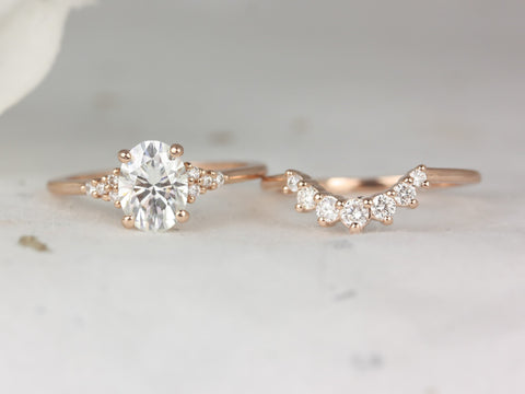 1.50cts Maddy 8x6mm & Rayna 2.0 14kt Rose Gold Moissanite Diamond Dainty Art Deco Cluster Oval Bridal Set - Rosados Box