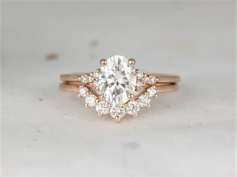 1.50cts Maddy 8x6mm & Rayna 2.0 14kt Rose Gold Moissanite Diamond Dainty Art Deco Cluster Oval Bridal Set - Rosados Box