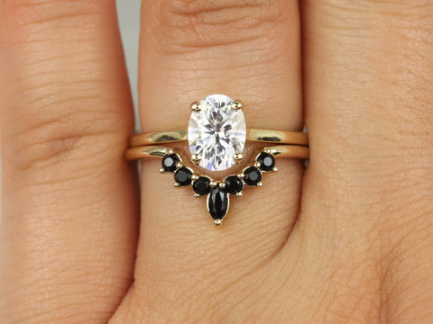 1.50cts Delia 8x6mm & Marjorie 14kt Solid Gold Forever One Moissanite Diamond Onyx Dainty Oval Solitaire Bridal Set - Rosados Box