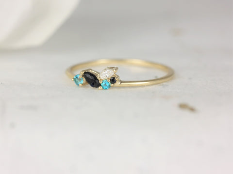 Blue Skye 14kt Solid Gold Diamond Topaz Onyx Marquise Round Art Deco Dainty Cluster Stacking Ring - Rosados Box
