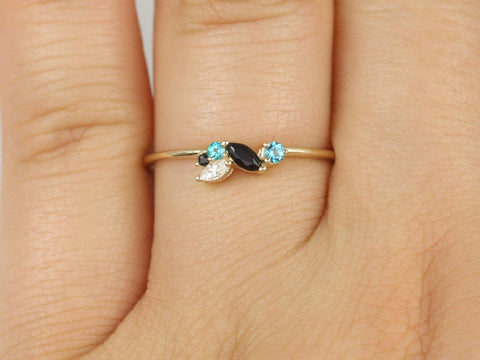 Blue Skye 14kt Solid Gold Diamond Topaz Onyx Marquise Round Art Deco Dainty Cluster Stacking Ring - Rosados Box
