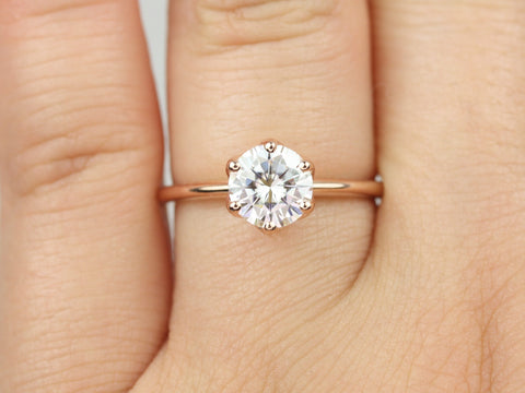 1.25ct Edith 7mm 14kt Gold Moissanite Unique Six Prong Round Solitaire Ring - Rosados Box