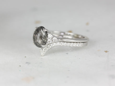 Oval cluster bridal ring set with tourmalinated quartz and diamond accents in 14kt white gold fine jewelry design