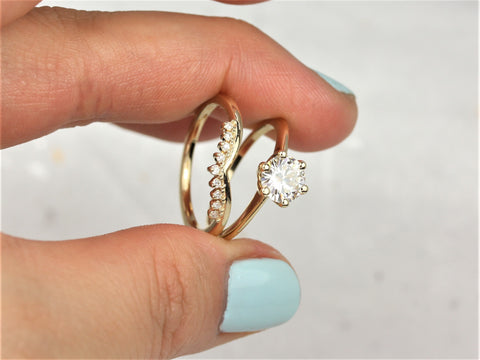 1ct Skinny Webster & Lonnie 14kt Solid Gold Round Moissanite Diamond Dainty 6 Prong Solitaire Bridal Set