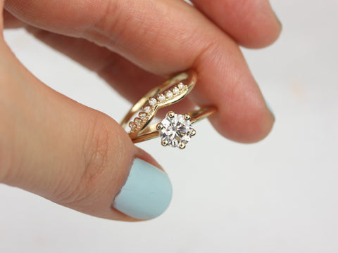 1ct Skinny Webster & Lonnie 14kt Solid Gold Round Moissanite Diamond Dainty 6 Prong Solitaire Bridal Set