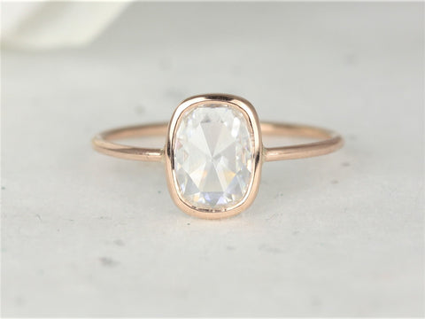 Paloma 8x6mm 14kt Gold Forever One RoseCut Moissanite Elongated Cushion Bezel Solitaire Ring - Rosados Box