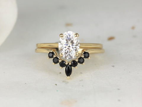 1.50cts Delia 8x6mm & Marjorie 14kt Solid Gold Forever One Moissanite Diamond Onyx Dainty Oval Solitaire Bridal Set - Rosados Box