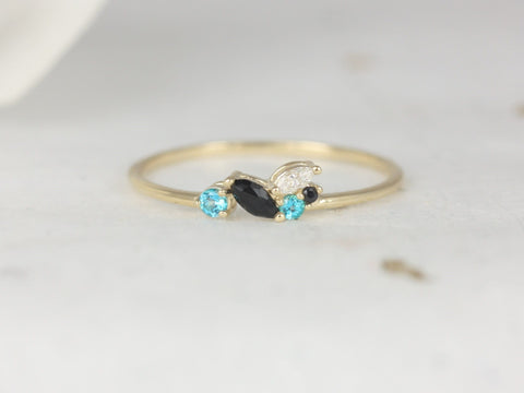 Blue Skye 14kt Solid Gold Diamond Topaz Onyx Marquise Round Art Deco Dainty Cluster Stacking Ring - Rosados Box