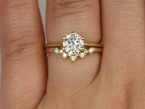1ct Skinny Webster 6.5mm & Remy 14kt Gold Moissanite Diamond Unique Six Prong Round Solitaire Bridal Set - Rosados Box