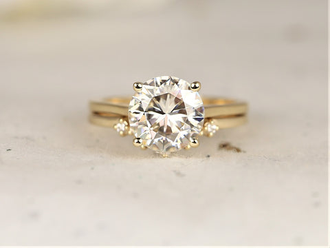 2.70cts Esther 9mm & Remy 14kt Gold Moissanite Diamond Round Solitaire Bridal Set - Rosados Box