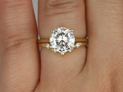 2.70cts Esther 9mm & Remy 14kt Gold Moissanite Diamond Round Solitaire Bridal Set - Rosados Box