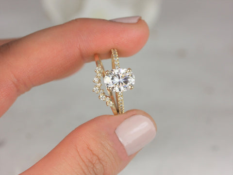 2ct EXTRA LOW Viviana 9x7mm & Remy 14kt Gold Moissanite Diamond Dainty Pave Oval Scarf Halo Bridal Set - Rosados Box